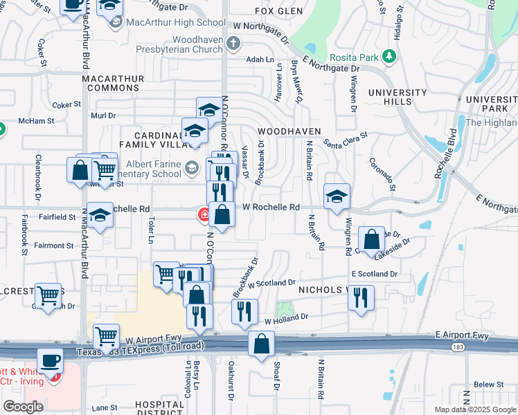 map of restaurants, bars, coffee shops, grocery stores, and more near 232 West Rochelle Road in Irving