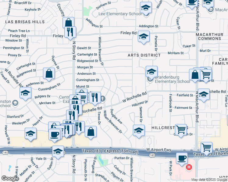 map of restaurants, bars, coffee shops, grocery stores, and more near 1926 Muret Street in Irving
