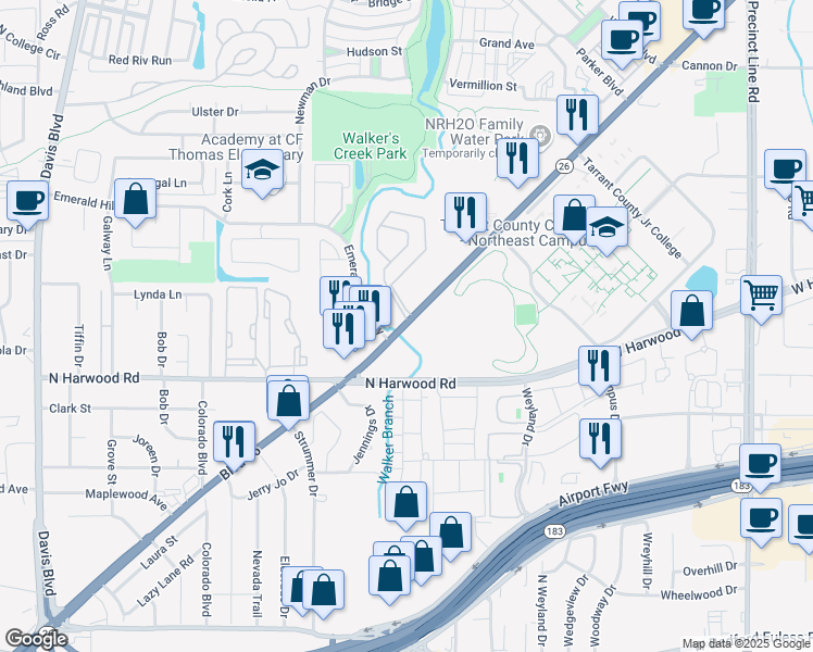 map of restaurants, bars, coffee shops, grocery stores, and more near 8515 Grapevine Highway in North Richland Hills