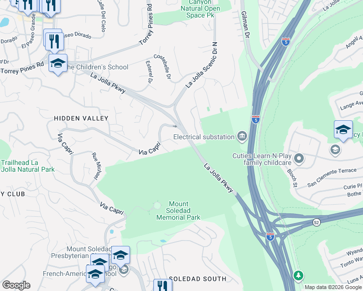 map of restaurants, bars, coffee shops, grocery stores, and more near 7990 Via Capri in San Diego