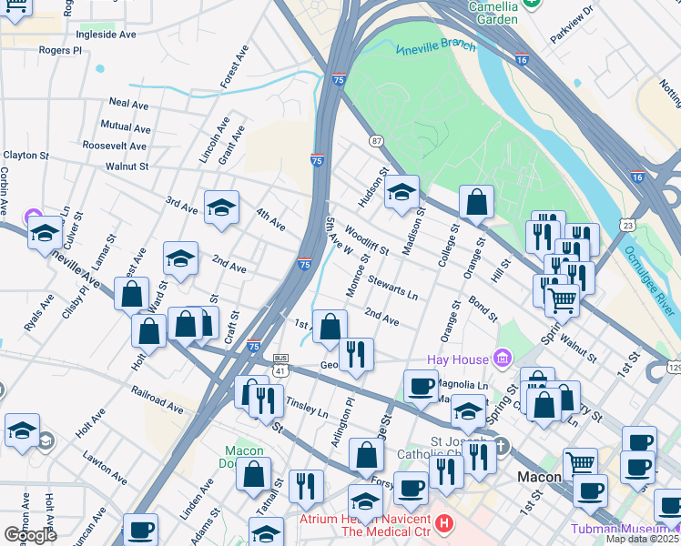 map of restaurants, bars, coffee shops, grocery stores, and more near 1442 4th Avenue in Macon