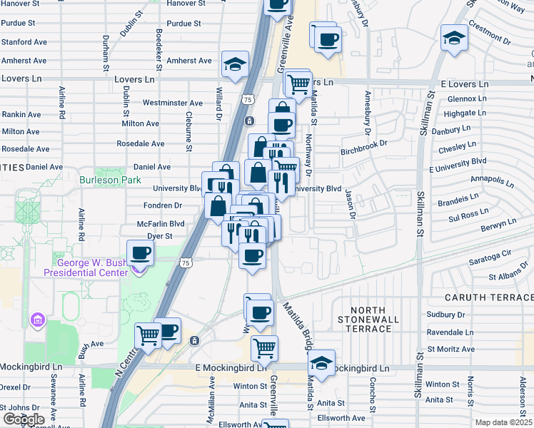 map of restaurants, bars, coffee shops, grocery stores, and more near 4625 Greenville Avenue in Dallas