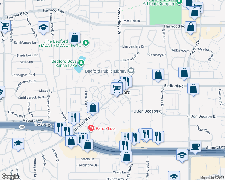 map of restaurants, bars, coffee shops, grocery stores, and more near 9 Greentree Lane in Bedford