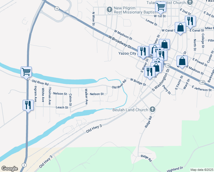 map of restaurants, bars, coffee shops, grocery stores, and more near 605 Old River Road in Yazoo City