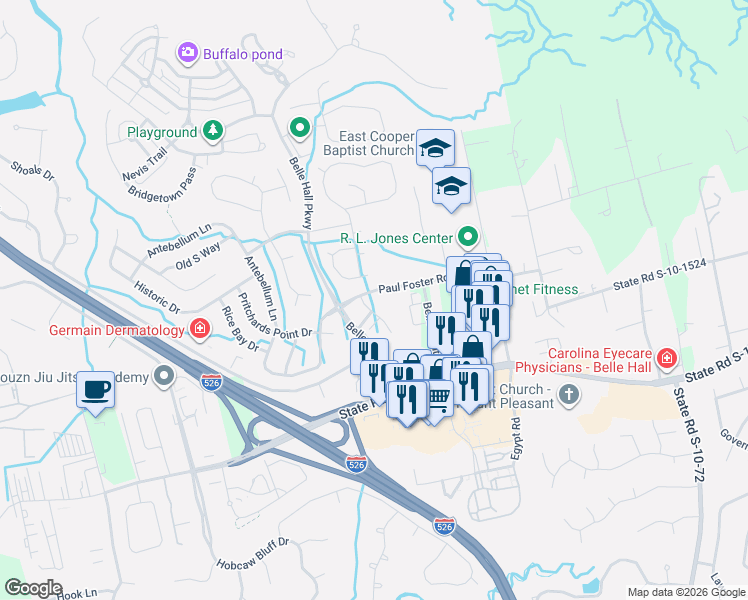map of restaurants, bars, coffee shops, grocery stores, and more near 497 Bramson Court in Mount Pleasant