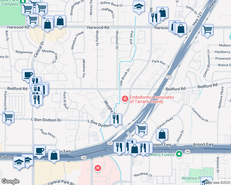 map of restaurants, bars, coffee shops, grocery stores, and more near 2704 Bedford Road in Bedford