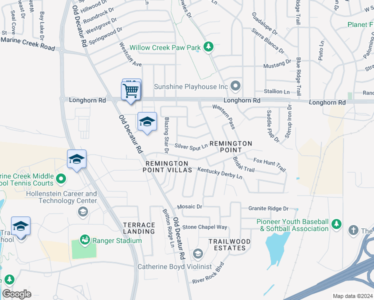 map of restaurants, bars, coffee shops, grocery stores, and more near 1057 Silver Spur Lane in Fort Worth