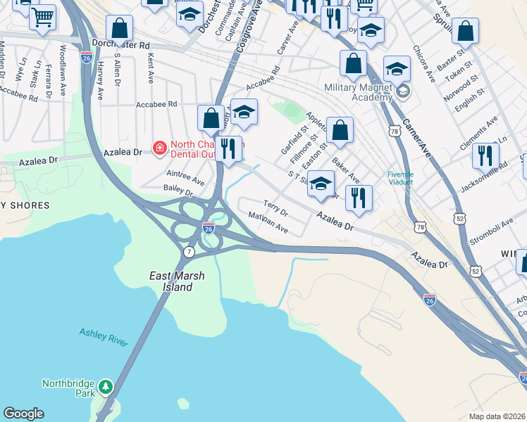 map of restaurants, bars, coffee shops, grocery stores, and more near 3105 Matipan Avenue in North Charleston