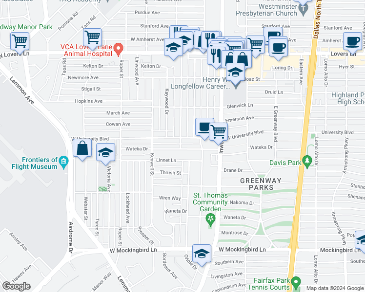 map of restaurants, bars, coffee shops, grocery stores, and more near 5037 Wateka Drive in Dallas