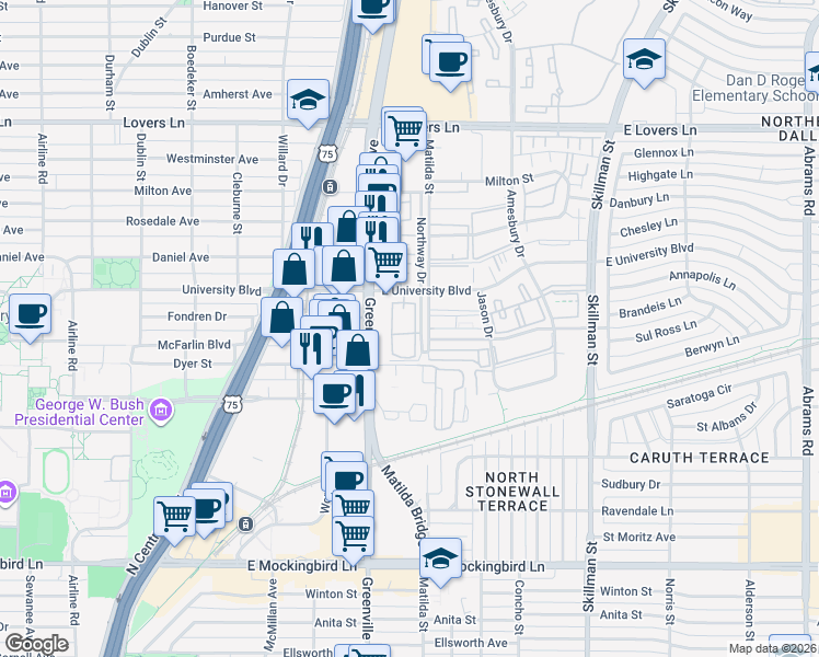 map of restaurants, bars, coffee shops, grocery stores, and more near 5750 East University Boulevard in Dallas