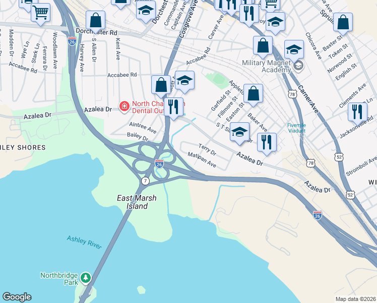 map of restaurants, bars, coffee shops, grocery stores, and more near 3105 Matipan Avenue in North Charleston