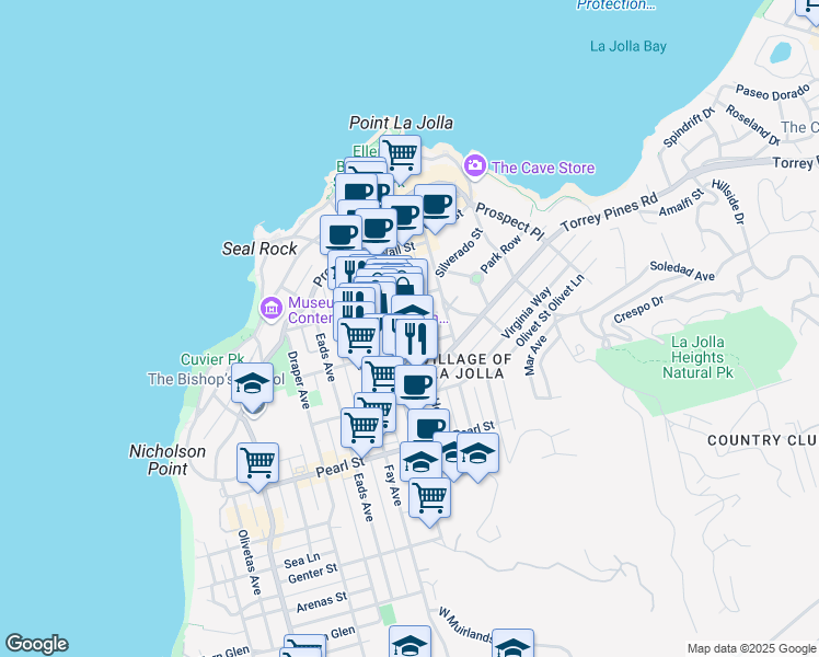 map of restaurants, bars, coffee shops, grocery stores, and more near 7713 Girard Avenue in San Diego