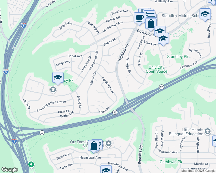map of restaurants, bars, coffee shops, grocery stores, and more near 5540 Sandburg Avenue in San Diego
