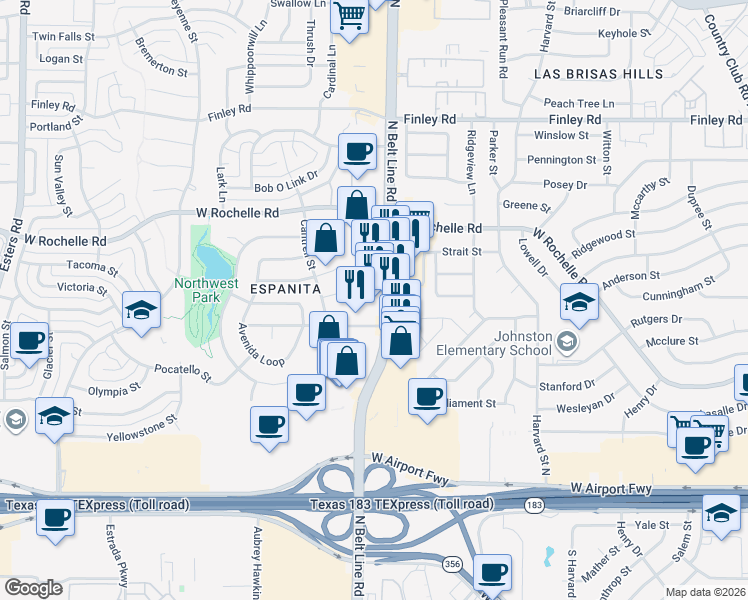 map of restaurants, bars, coffee shops, grocery stores, and more near 2703 North Belt Line Road in Irving