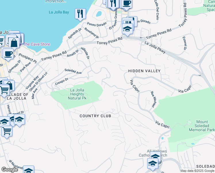 map of restaurants, bars, coffee shops, grocery stores, and more near 7502 Hillside Drive in San Diego