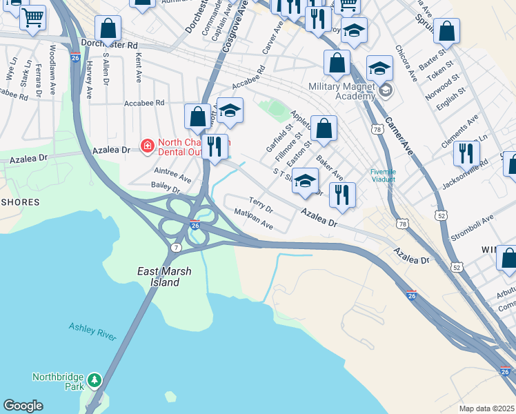 map of restaurants, bars, coffee shops, grocery stores, and more near 3027 Terry Drive in North Charleston