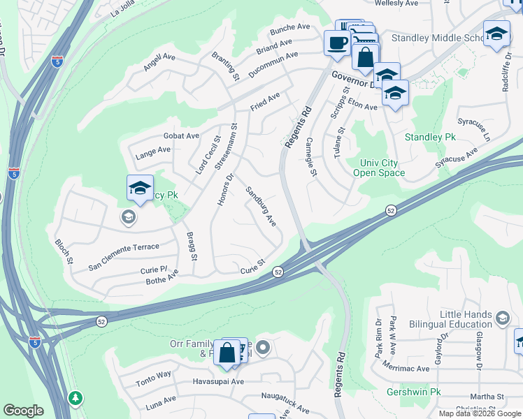 map of restaurants, bars, coffee shops, grocery stores, and more near 5540 Sandburg Avenue in San Diego