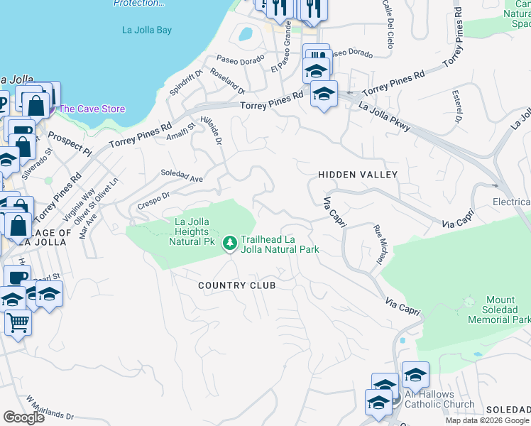 map of restaurants, bars, coffee shops, grocery stores, and more near 7502 Hillside Drive in San Diego