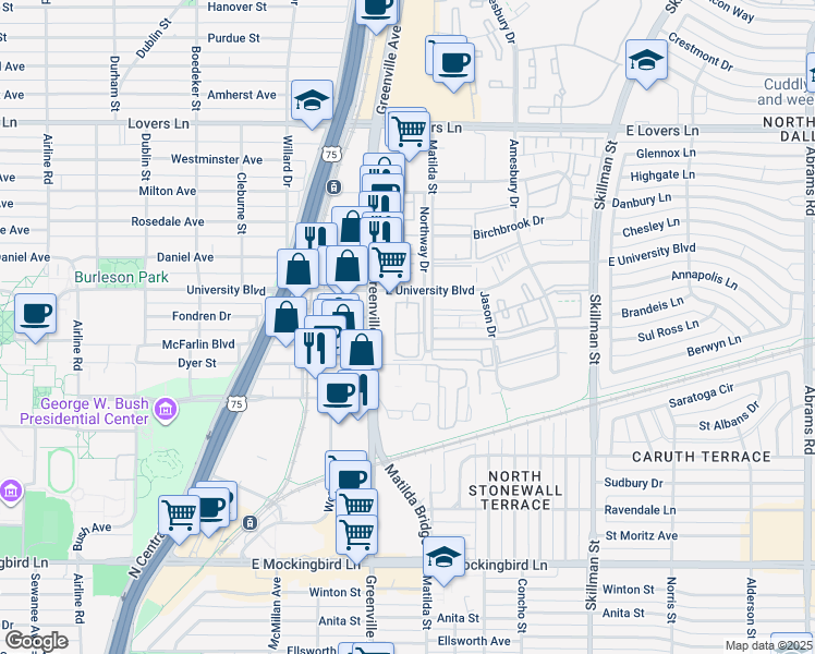 map of restaurants, bars, coffee shops, grocery stores, and more near 5802 Sandhurst Lane in Dallas
