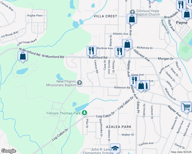 map of restaurants, bars, coffee shops, grocery stores, and more near 4270 Robinson Court in Macon
