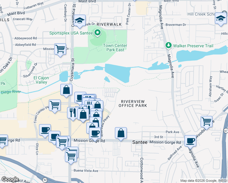 map of restaurants, bars, coffee shops, grocery stores, and more near 332 Stream Court in Santee
