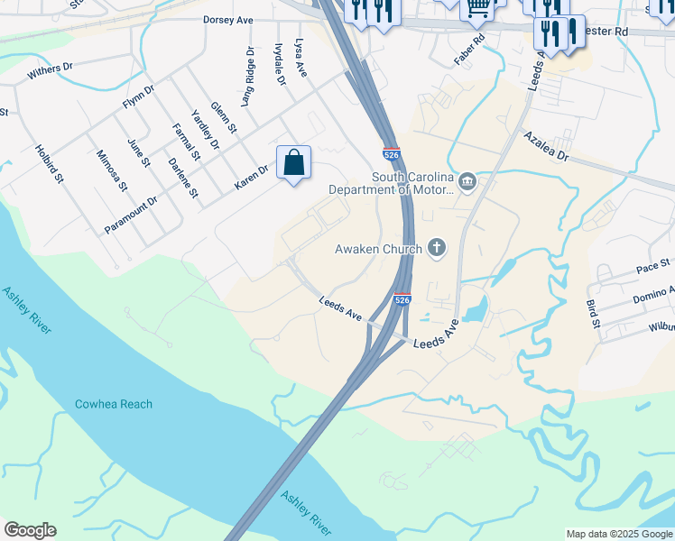 map of restaurants, bars, coffee shops, grocery stores, and more near 4130 Faber Place Drive in North Charleston