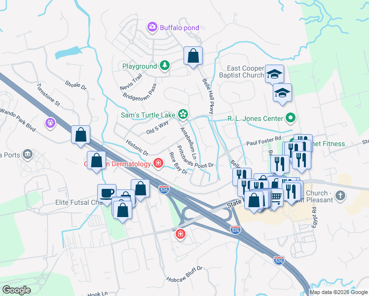 map of restaurants, bars, coffee shops, grocery stores, and more near 532 Pritchards Point Drive in Mount Pleasant