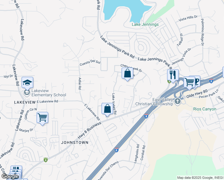map of restaurants, bars, coffee shops, grocery stores, and more near 9238 Lake Valley Road in El Cajon