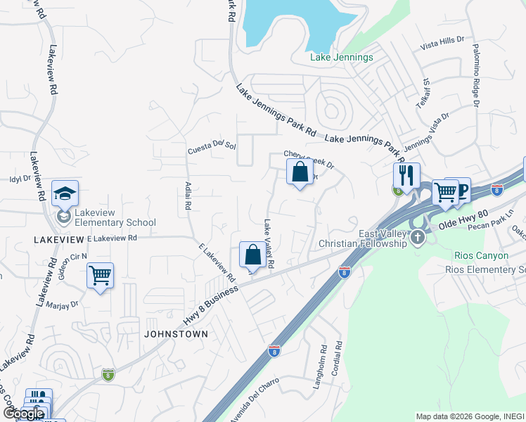 map of restaurants, bars, coffee shops, grocery stores, and more near 9238 Lake Valley Road in El Cajon