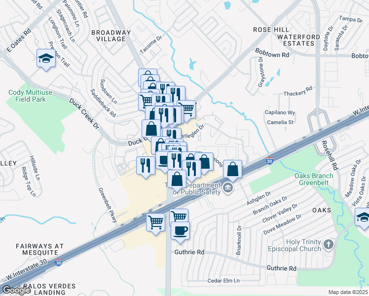 map of restaurants, bars, coffee shops, grocery stores, and more near 575 Broadway Commons in Garland