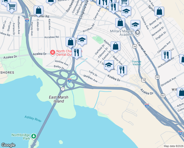 map of restaurants, bars, coffee shops, grocery stores, and more near 3027 Terry Drive in North Charleston