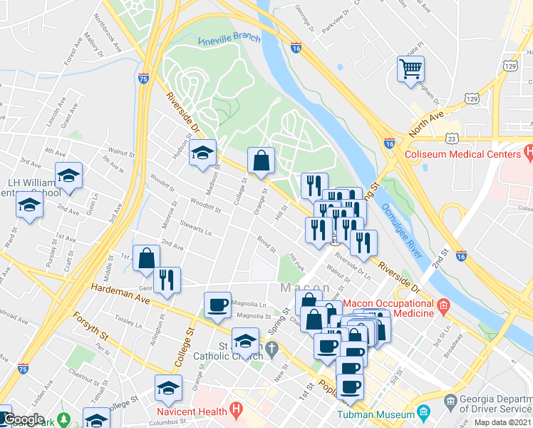 map of restaurants, bars, coffee shops, grocery stores, and more near 190 Hill Street in Macon