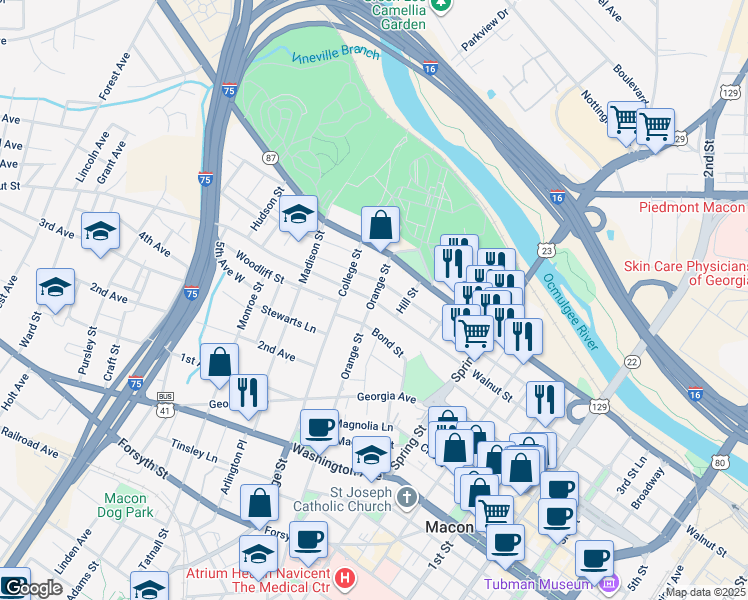 map of restaurants, bars, coffee shops, grocery stores, and more near 224 Orange Street in Macon