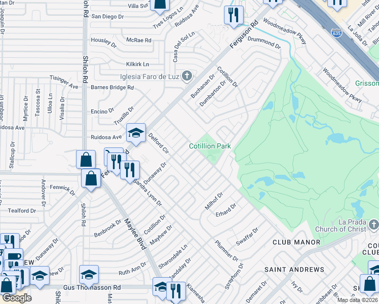 map of restaurants, bars, coffee shops, grocery stores, and more near 11022 Genetta Drive in Dallas