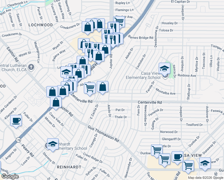 map of restaurants, bars, coffee shops, grocery stores, and more near 1620 Farola Drive in Dallas