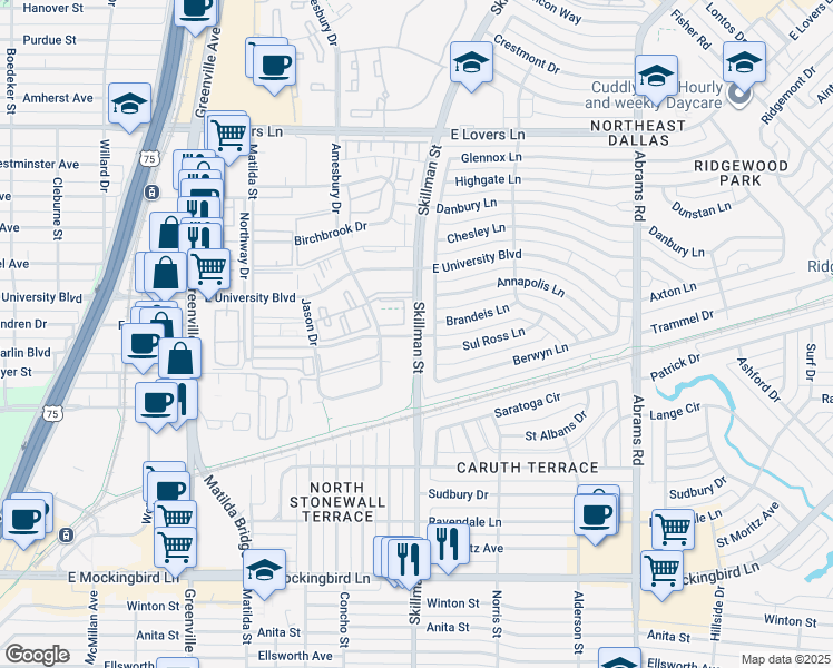 map of restaurants, bars, coffee shops, grocery stores, and more near 6010 Amesbury Drive in Dallas