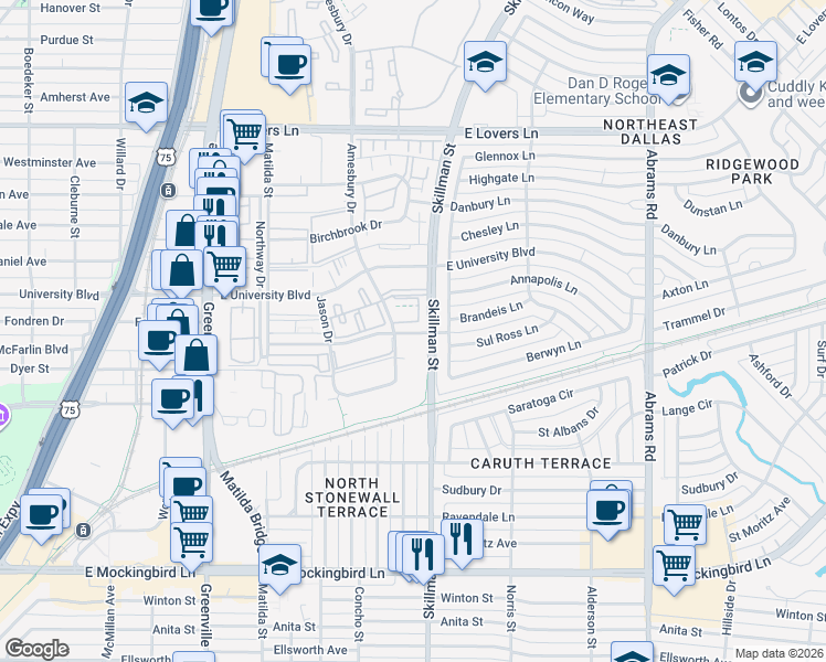 map of restaurants, bars, coffee shops, grocery stores, and more near 6010 Amesbury Drive in Dallas