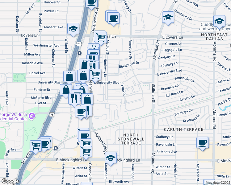 map of restaurants, bars, coffee shops, grocery stores, and more near 5832 Sandhurst Lane in Dallas