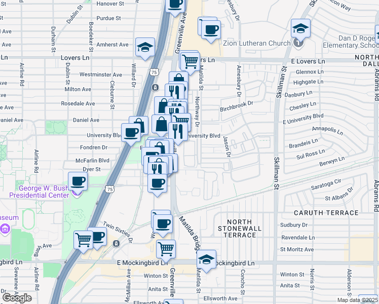 map of restaurants, bars, coffee shops, grocery stores, and more near 5802 Sandhurst Lane in Dallas