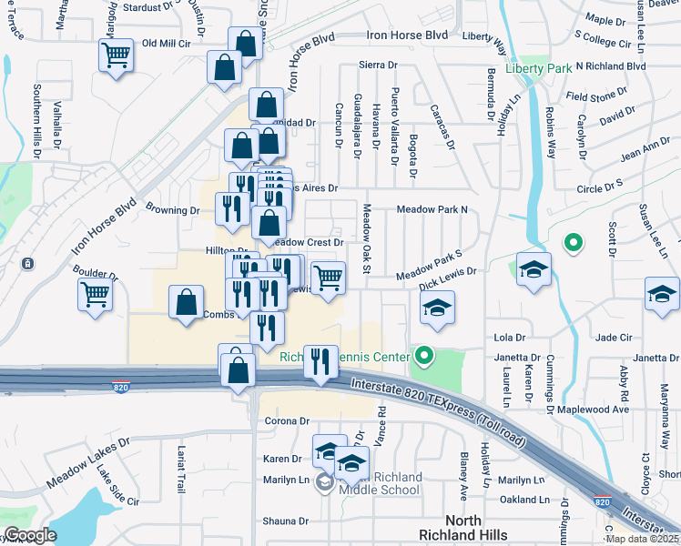 map of restaurants, bars, coffee shops, grocery stores, and more near 5501 Lewis Court in North Richland Hills