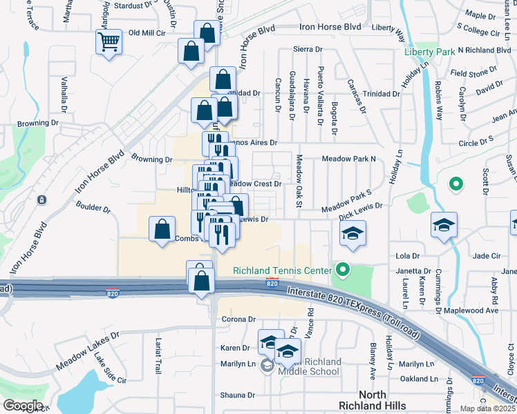 map of restaurants, bars, coffee shops, grocery stores, and more near 6800 Dick Lewis Drive in North Richland Hills