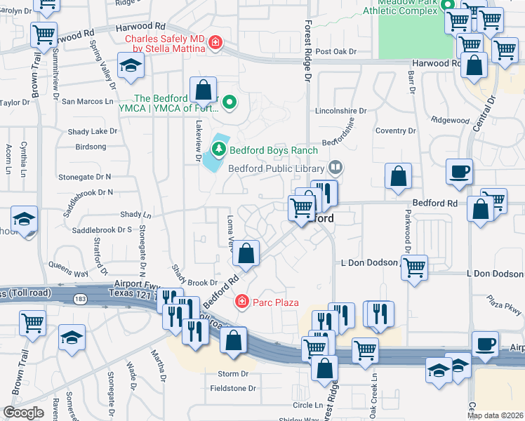 map of restaurants, bars, coffee shops, grocery stores, and more near 1 Timbergreen Lane in Bedford