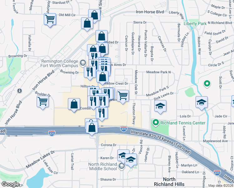 map of restaurants, bars, coffee shops, grocery stores, and more near 6800 Dick Lewis Drive in North Richland Hills