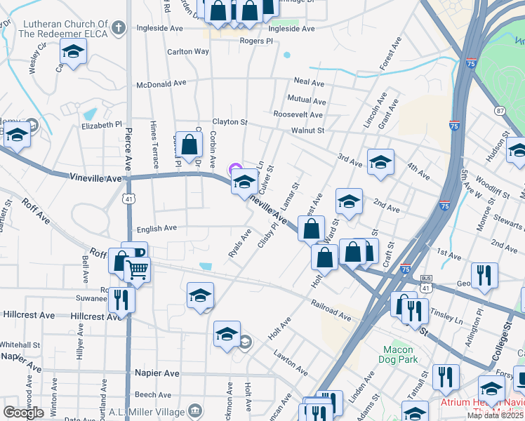 map of restaurants, bars, coffee shops, grocery stores, and more near 2180 Vineville Avenue in Macon