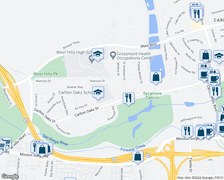 map of restaurants, bars, coffee shops, grocery stores, and more near 9340 Oakbourne Road in Santee