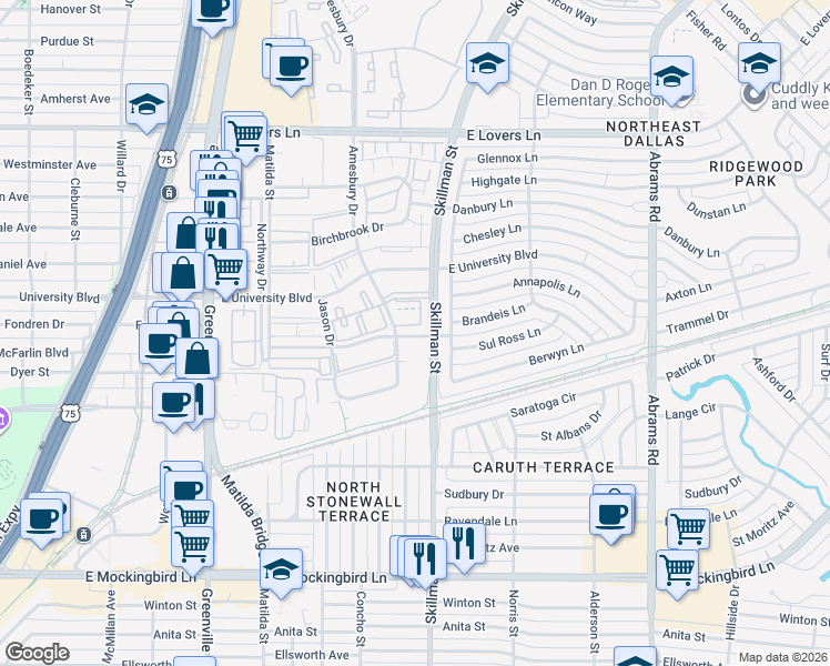 map of restaurants, bars, coffee shops, grocery stores, and more near 6010 Amesbury Drive in Dallas