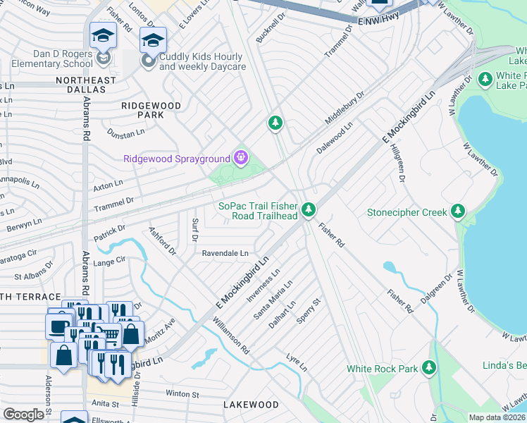 map of restaurants, bars, coffee shops, grocery stores, and more near 6818 Blessing Drive in Dallas