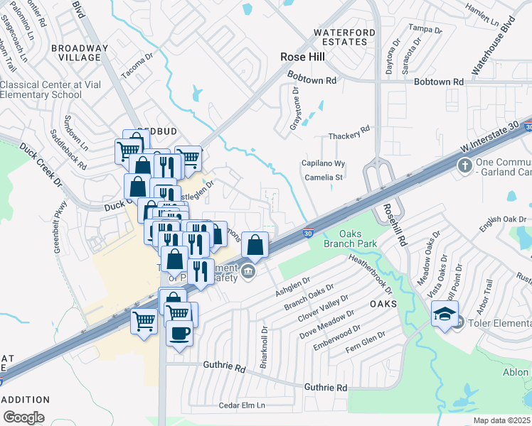 map of restaurants, bars, coffee shops, grocery stores, and more near 1004 Castleglen Drive in Garland