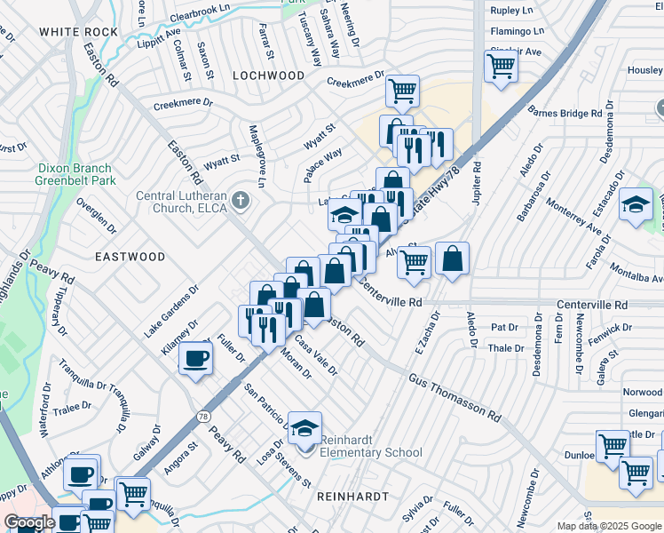 map of restaurants, bars, coffee shops, grocery stores, and more near 10607 Garland Road in Dallas