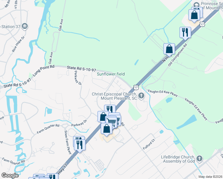 map of restaurants, bars, coffee shops, grocery stores, and more near 1124 Daffodil Lane in Mount Pleasant